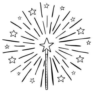 Magic wand with star and burst, sorcery item, wizard tool, black and white magical sketch, fairy object, doodle illustration