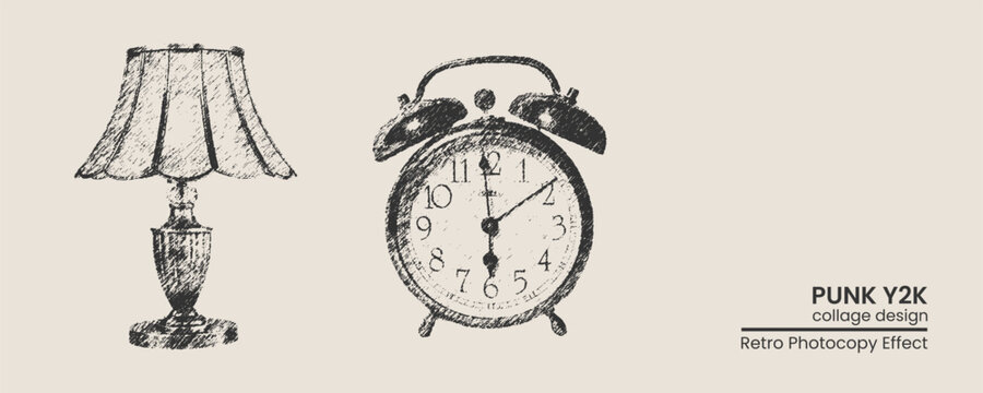Handdrawn sketch illustration of a vintage table lamp and an oldfashioned alarm clock in a retro photocopy collage style