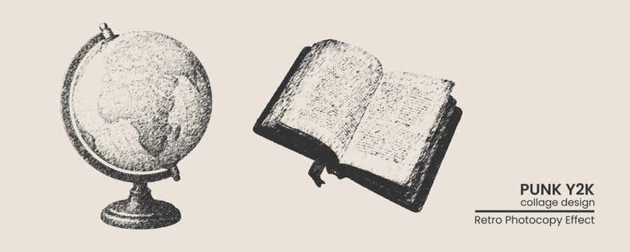 Vintage hand drawn globe and open book illustration, retro photocopy style graphic elements for collage design