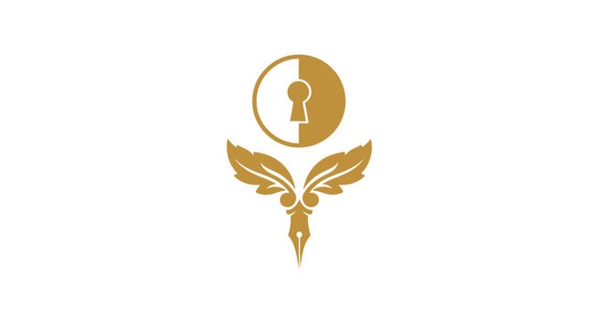 Elegant golden keyhole logo with leaves and pen nib for business branding