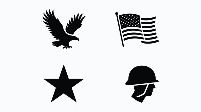 Collection of iconic american symbols including a soaring eagle waving flag military helmet and a five pointed star presented in a clean modern graphic design for versatile