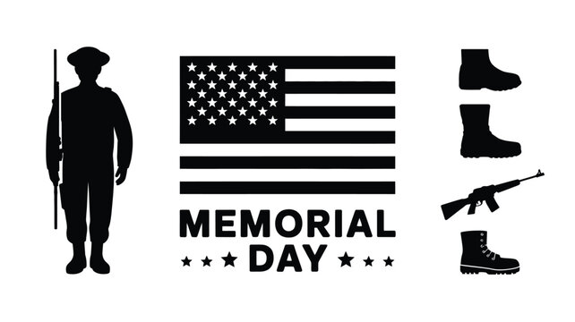 Memorial day graphic celebrating american military service and sacrifice with a silhouette of a soldier holding a rifle the us flag and military boots and weapon icons on a clean