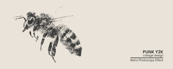 Vintage sketch of a honey bee, handdrawn illustration with a textured retro photocopy effect, artistic insect graphic design element © MDMahmudul