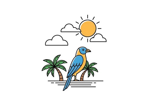 Bright Blue and Orange Bird on a Tropical Beach with Palm Trees Under Sun
