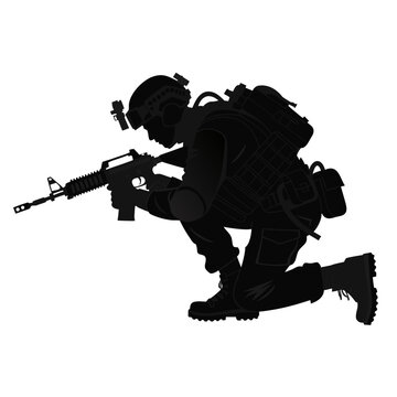 Military soldier, combat silhouette, army kneeling, black tactical gear, rifle
