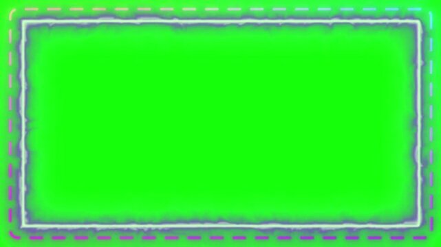 A clear green screen is elegantly bordered by a glowing, somewhat jagged purple and pink rectangular frame, complemented by an outer dashed line for a stylish digital presentation.