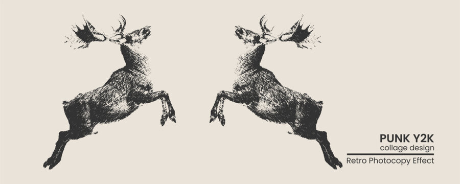 Two symmetrical jumping deer silhouettes with a distressed retro photocopy texture in a punk y2k collage style design