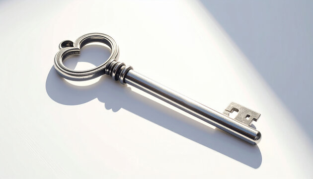 Detailed antique skeleton key with textured silver finish on a white backdrop