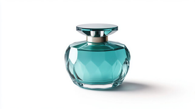 Teal glass perfume bottle with silver cap on white background