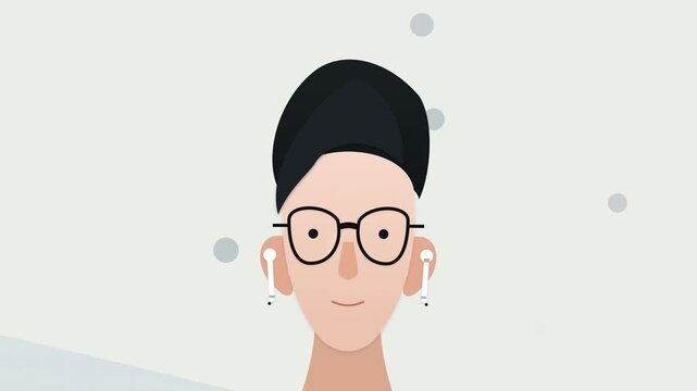 Minimalist 2D animation of a stylized hipster character wearing round glasses and wireless earbuds against a soft, abstract background with gently floating particles.