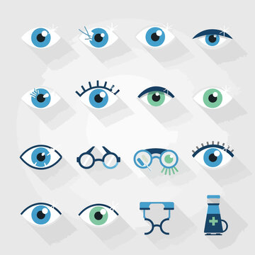 Collection of blue and green eyes with glasses and medical tools.
