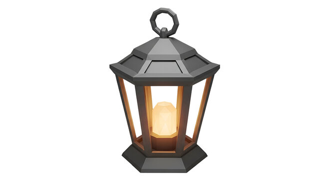 Low poly antique lantern with glowing flame detailed 3D render isolated on black background