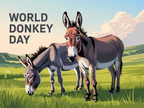 World donkey day illustration featuring two donkeys in a grassy field