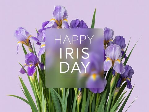 Beautiful purple iris flowers bouquet on a light purple background for iris day greeting card