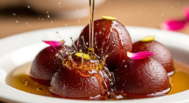Plump, deep-fried dumplings are drenched in a sweet golden syrup, adorned with pistachios and rose petals.