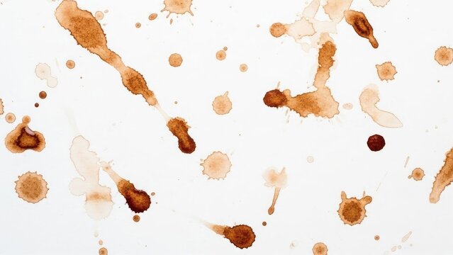 A white surface with numerous brown liquid splatters of varying sizes and shades