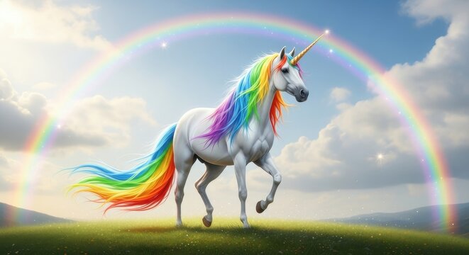 Majestic Unicorn with Rainbow Mane and Tail Under a Double Rainbow.