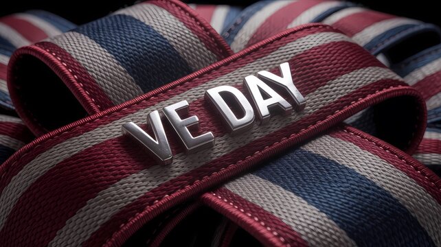 Ve day commemorative text with metallic 3d letters on a folded red, white, and blue striped ribbon background