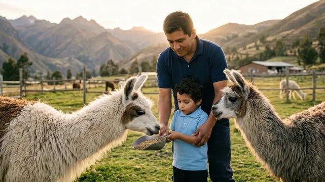 Father and young son hand-feed two llamas from a bowl in a green mountain pasture during sunset