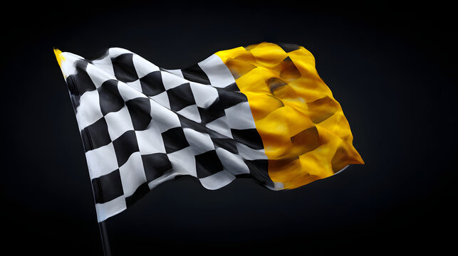 Chequered racing flag with yellow and black patterns waving on dark background.