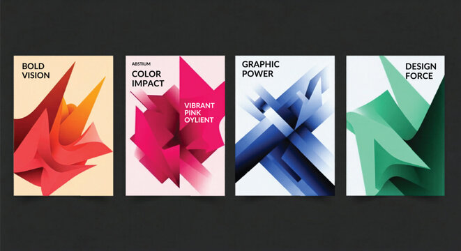 Abstract geometric poster set with 4 vector covers, colorful 3D angular shapes, modern brochure templates for bold vision and graphic power