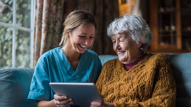 Caring home health aide and elderly client happily engaging with modern technology on a digital device