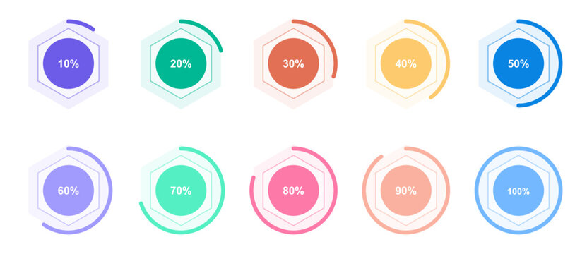 Set of colorful hexagonal percentage progress bar infographic elements featuring modern circular loading indicators for data visualization and dashboard ui design