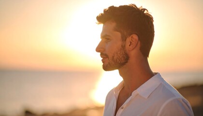 Fototapeta premium Profile view of a man with a beard, gazing at a beautiful sunset over the ocean, a white shirt reflecting the warm glow