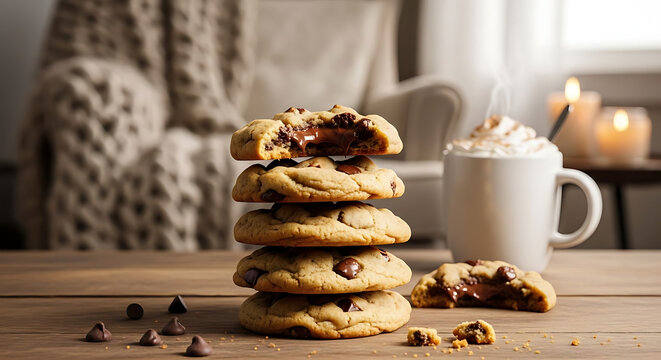 Stack of chocolate chip cookies with a mug of whipped cream and a lit candle.