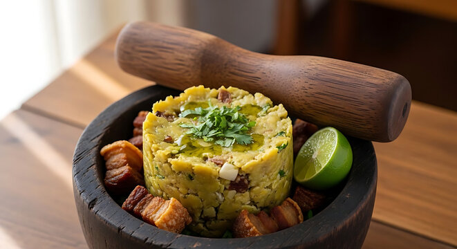 Authentic mofongo dish served in a rustic bowl, garnished with crispy pork belly and lime, ready to be served.