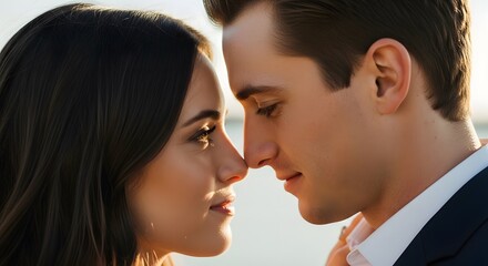 Naklejka premium Closeup portrait of a romantic couple touching noses and smiling at each other