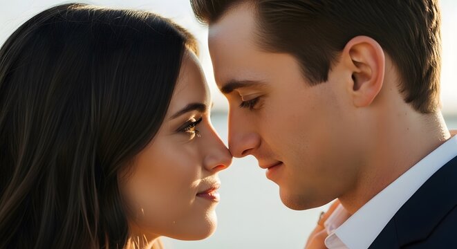 Closeup portrait of a romantic couple touching noses and smiling at each other