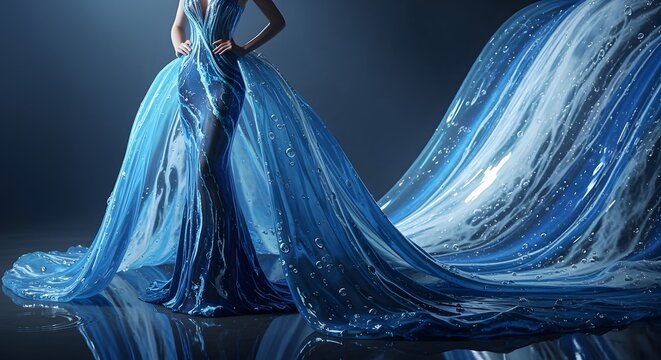 Woman wearing a long blue dress with a train and water droplets on fabric