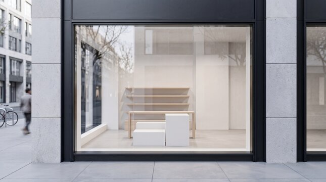 Modern storefront interior with empty shelves.