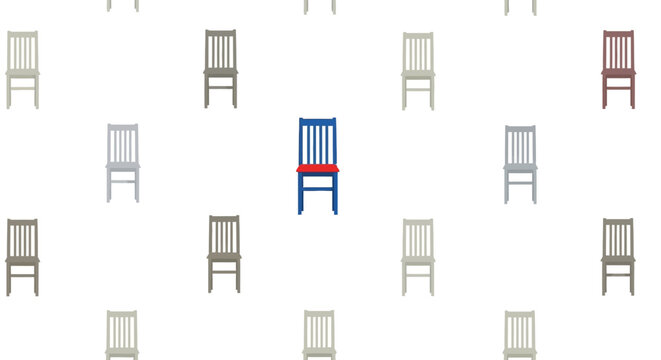 Unique blue chair stands out from the crowd of identical grey ones, symbolizing individuality.