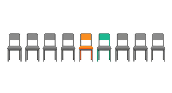 Unique Orange and Teal Chairs Stand Out in Row of Gray Chairs