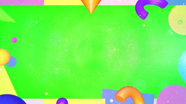 A festive green screen is framed by a playful and colorful assortment of abstract geometric shapes, accompanied by a 'Back-to-School Bonanza' text element and subtle sparkling particles.