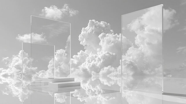 Minimal surreal space with transparent acrylic panels and floating clouds, luxury advertising background
,白い雲と透明アクリルパネルが浮かぶ幻想的なミニマル空間、ラグジュアリー広告向け背景素材
