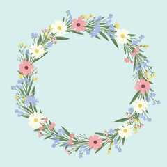 Obraz premium Beautiful floral wreath illustration with colorful flowers and green leaves on a light blue background.