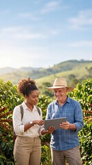 Obraz premium Diverse Farmers Using Digital Tablet for Smart Agriculture on Coffee Plantation