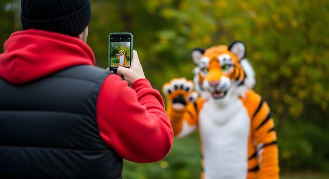 Person in red hoodie photographing a person in a tiger costume outdoors