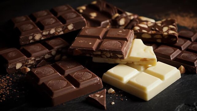 Chocolate bars with nuts and white chocolate on a dark surface