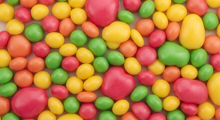 Obraz premium Colorful assortment of round candies scattered across a bright white surface.