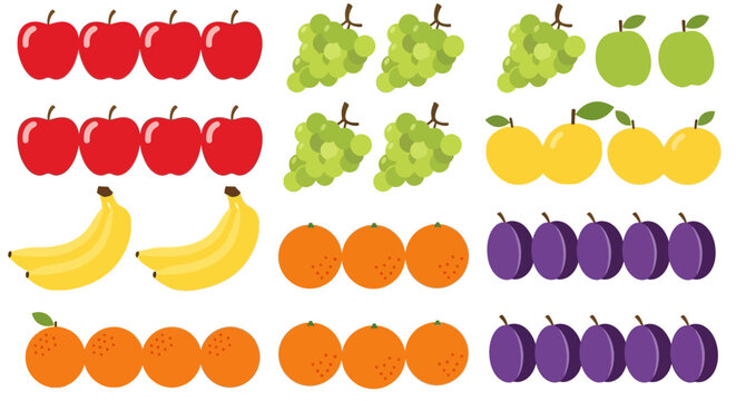 Assorted Fresh Fruits Arranged in Rows: Apples, Grapes, Bananas, Oranges, Plums