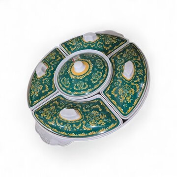 Decorative Divided Food Server with Lids in Green and Gold Ornament