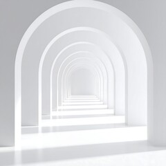 Fototapeta premium Rendered architectural perspective of a series of white arches, creating a tunnel effect. The bright interior has diffused light