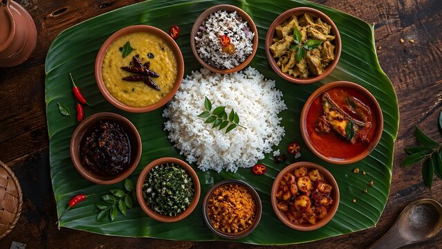 Traditional Sri Lankan meal with various curries and rice on a banana leaf. Suitable for culinary travel and food blogs