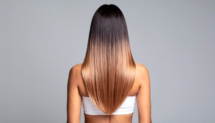 Fototapeta premium Rear view of a woman with long, straight hair that is ombre, transitioning from dark to light. She's wearing a white top