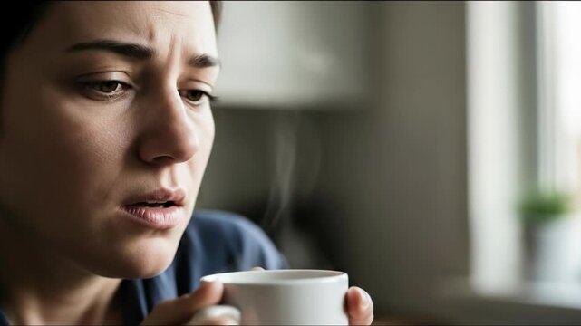 Worried woman, anosmia causing loss of smell, unable to perceive odors from her morning cup, an invisible sensory challenge