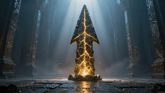 Glowing Lava Stone Monolith in Ancient Gothic Temple